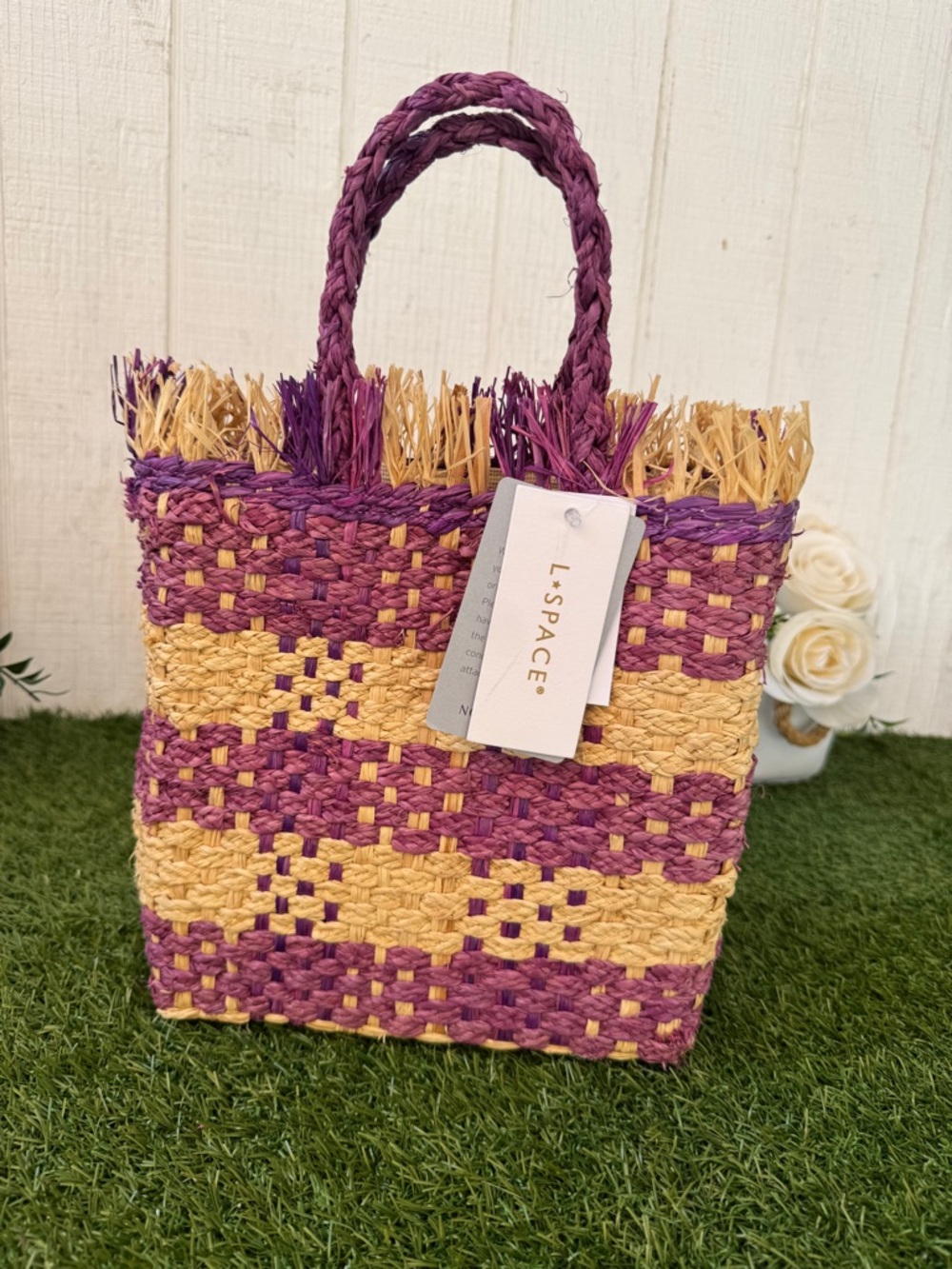 L Space - Charlie Bag - Berry Woven Straw Tote Bag in Purple and Natural New - Picture 9 of 10
